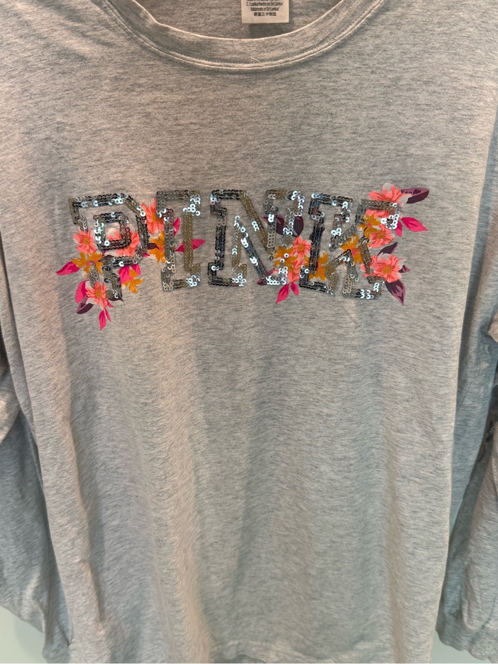 PINK Victoria's Secret Light Gray Long-Sleeve Tee with Sequin Floral Logo - Picture 2 of 5